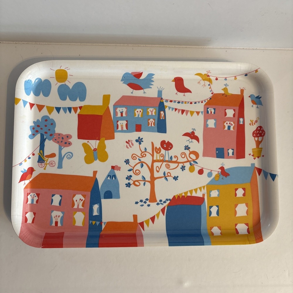 IKEA Set of 4 Colorful Melamine Serving Trays Birds Houses Scandinavian Design